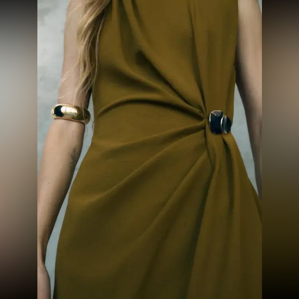 Zara Draped Midi Dress Olive Green Gold Hardware Sleeveless Minimalist Chic M - Picture 2 of 12